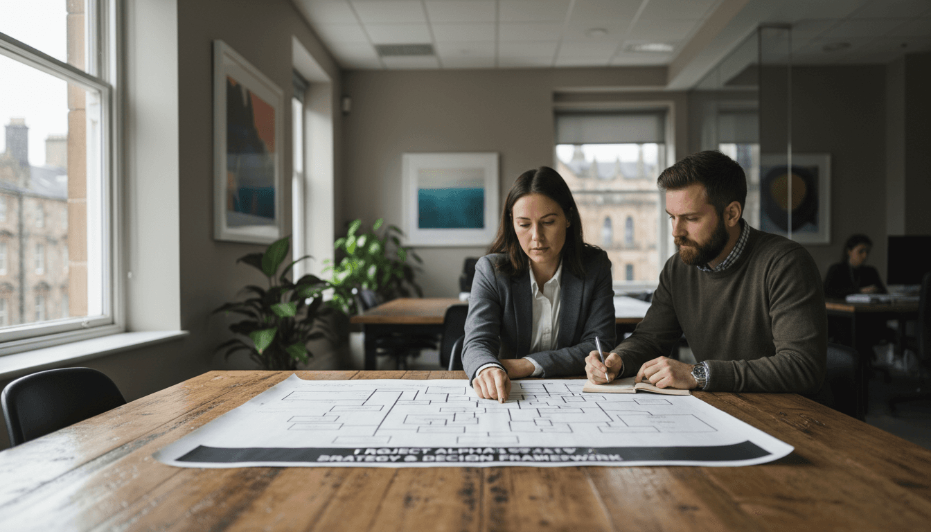 Two professionals reviewing a decision map document at a table in an Edinburgh office