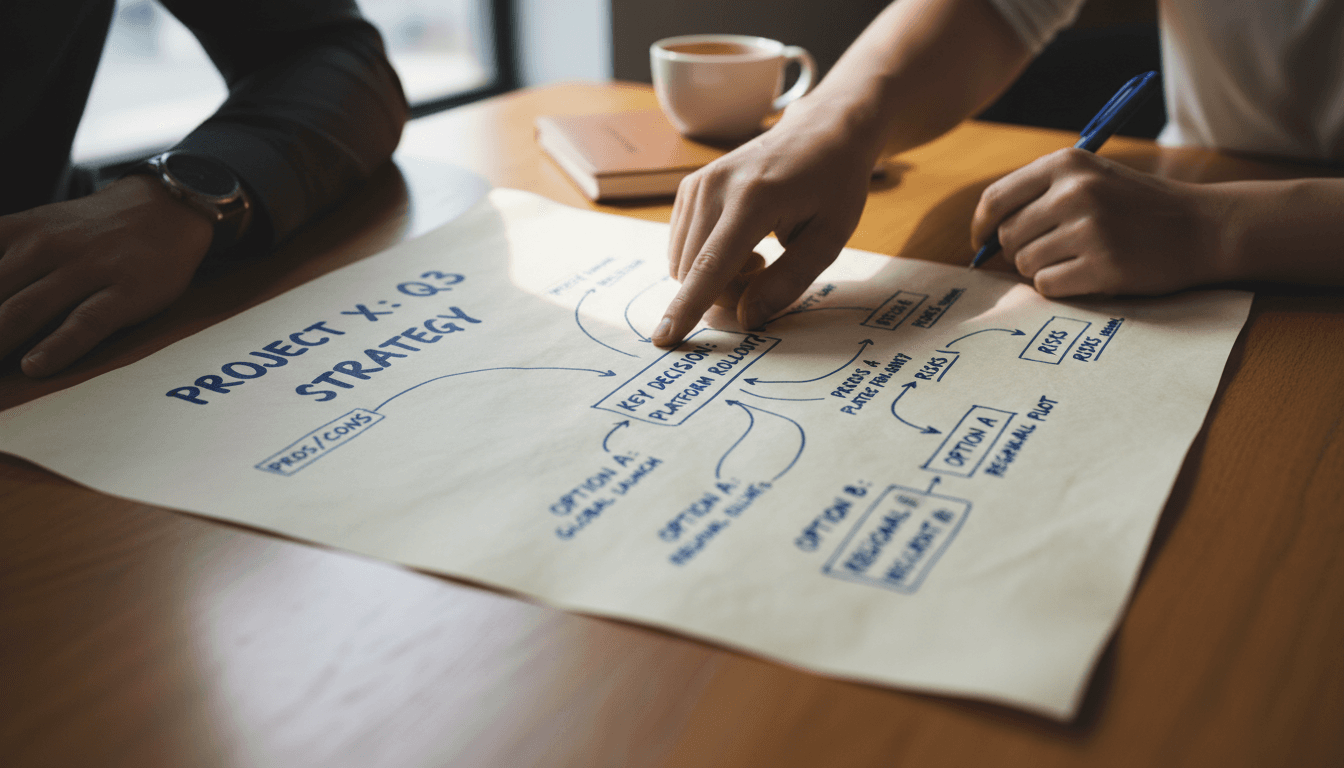 Two professionals reviewing a decision map during a strategy session
