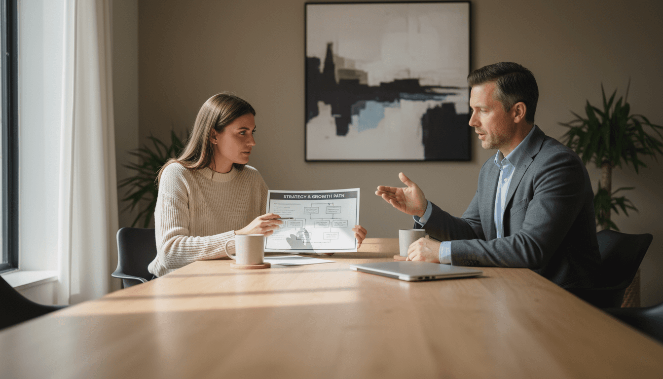 Two people in a calm consultation discussing structured decision mapping