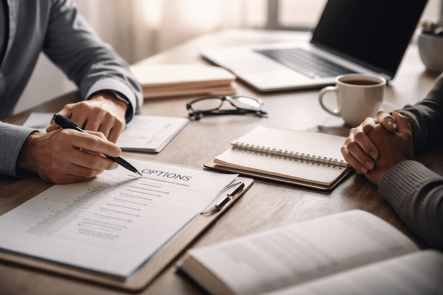 Two people at a wooden desk, one pointing a pen at a document titled 'OPTIONS'.